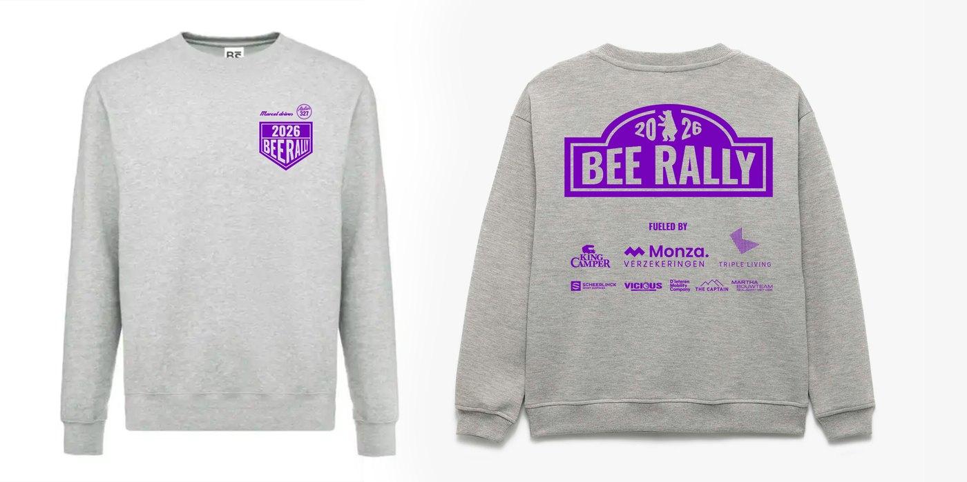 De Bee Rally sweater, voor- en achterkant, grijze sweater met paars logo en sponsors